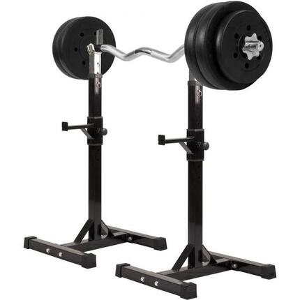REPOSE HALTERES POUR HALTERES LONGS + SET D'HALTERES POIDS PLASTIQUE + BARRE CUR