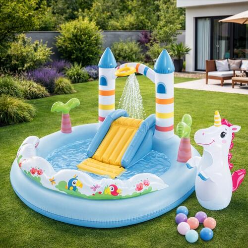 Piscină de joacă, castel și unicorn, cu tobogan și aspersor, Intex