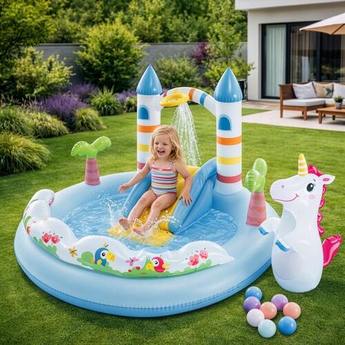 Piscină de joacă, castel și unicorn, cu tobogan și aspersor, Intex