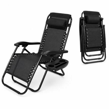 Chaise longue pliable plage grise avec porte-gobelet