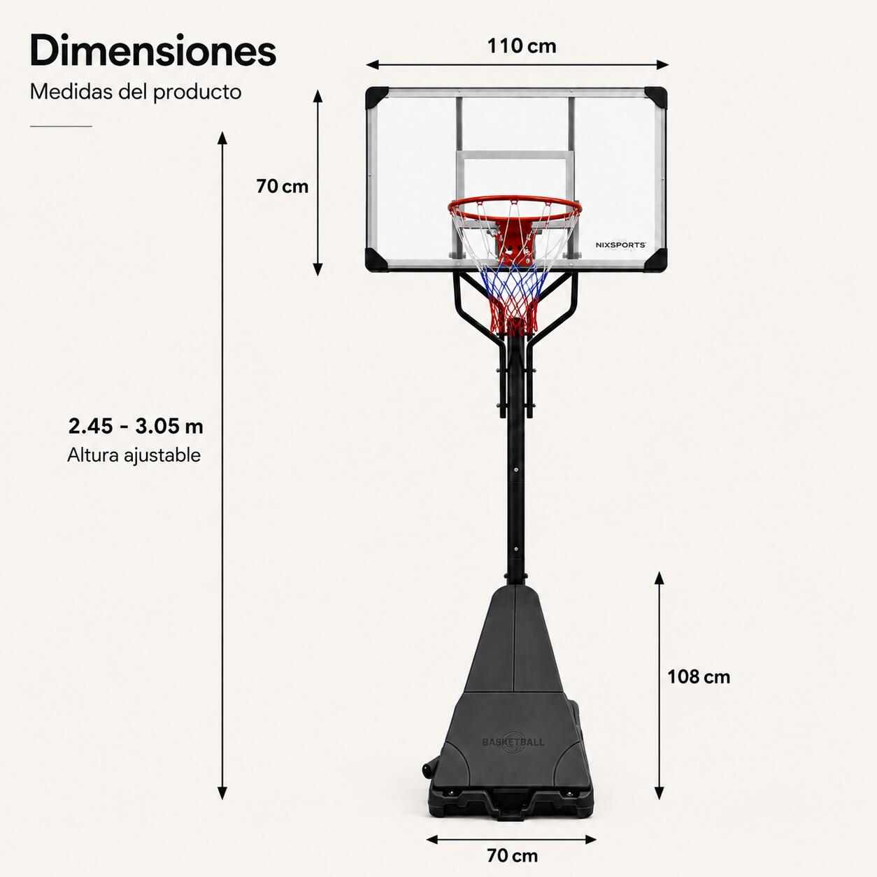 Canasta de Baloncesto Portátil con Altura Regulable 2,45-3,05 m 4/7