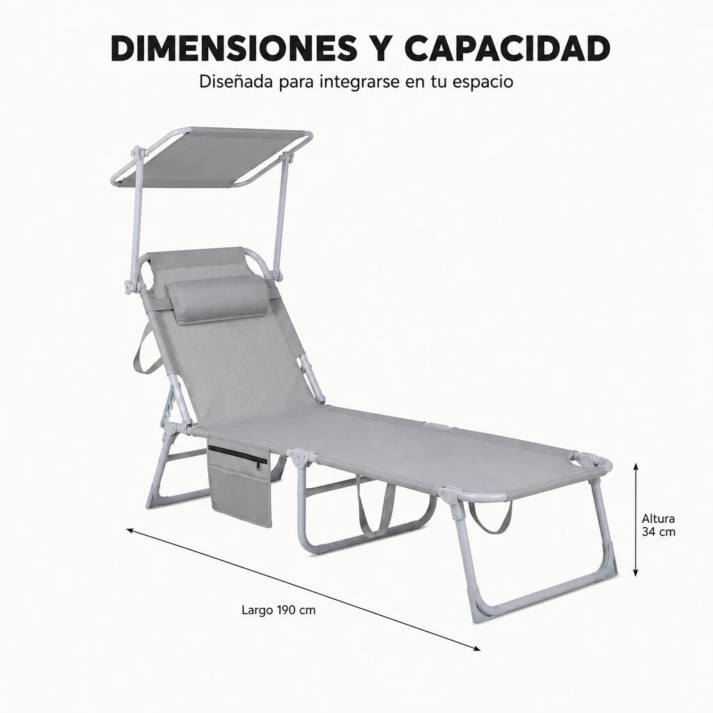 Espreguiçadeira Dobrável Com Guarda-Sol Ajustável Para Jardim E Praia 6/7