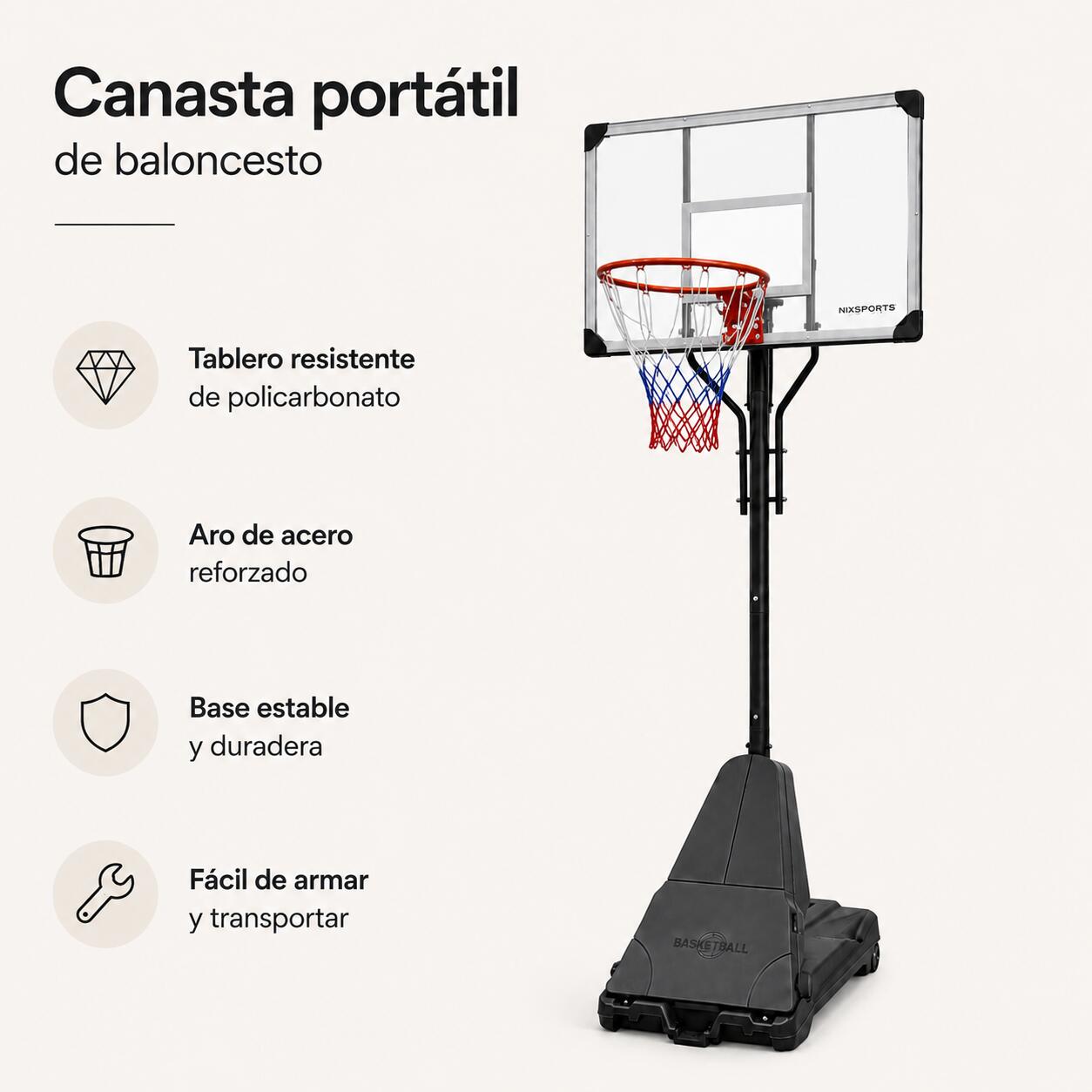Canasta de Baloncesto Portátil con Altura Regulable 2,45-3,05 m 2/7