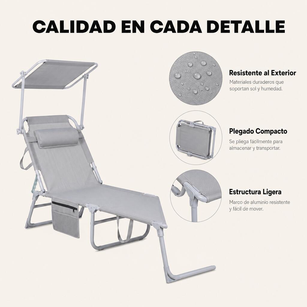 Espreguiçadeira Dobrável Com Guarda-Sol Ajustável Para Jardim E Praia 5/7