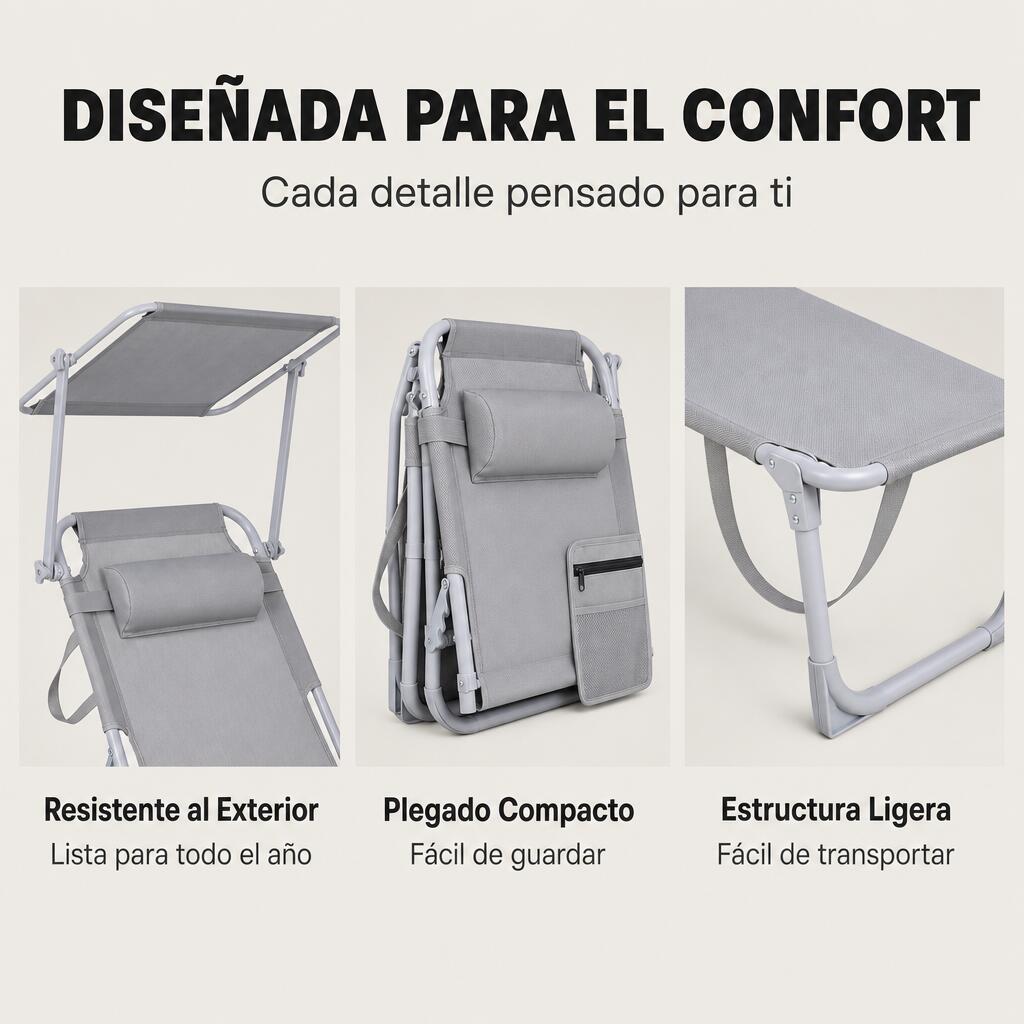 Espreguiçadeira Dobrável Com Guarda-Sol Ajustável Para Jardim E Praia 3/7