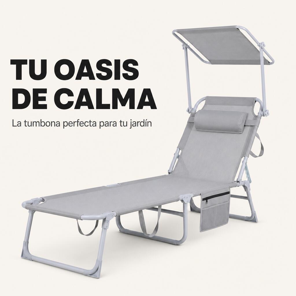 Espreguiçadeira Dobrável Com Guarda-Sol Ajustável Para Jardim E Praia 2/7