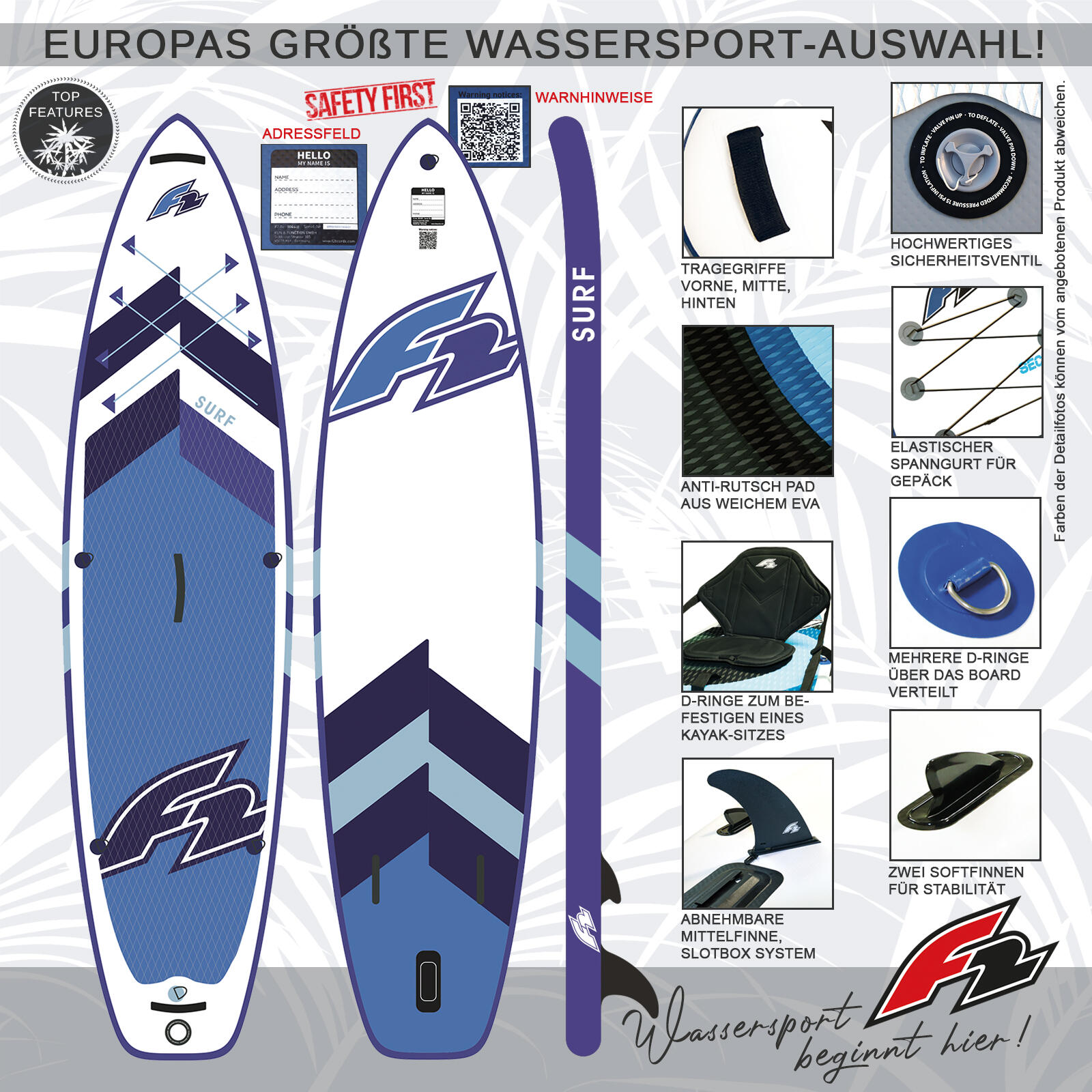 F2  SUP Stand Up Paddle Board Surf HFT 320cm 10,5 Weiss/Blau 2/5