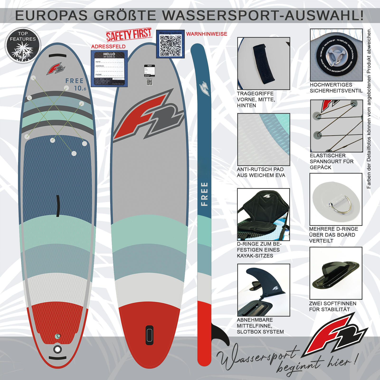 F2  SUP Stand Up Paddle Board Free V2 354cm 11,6 Grau/Blau/Rot 2/5