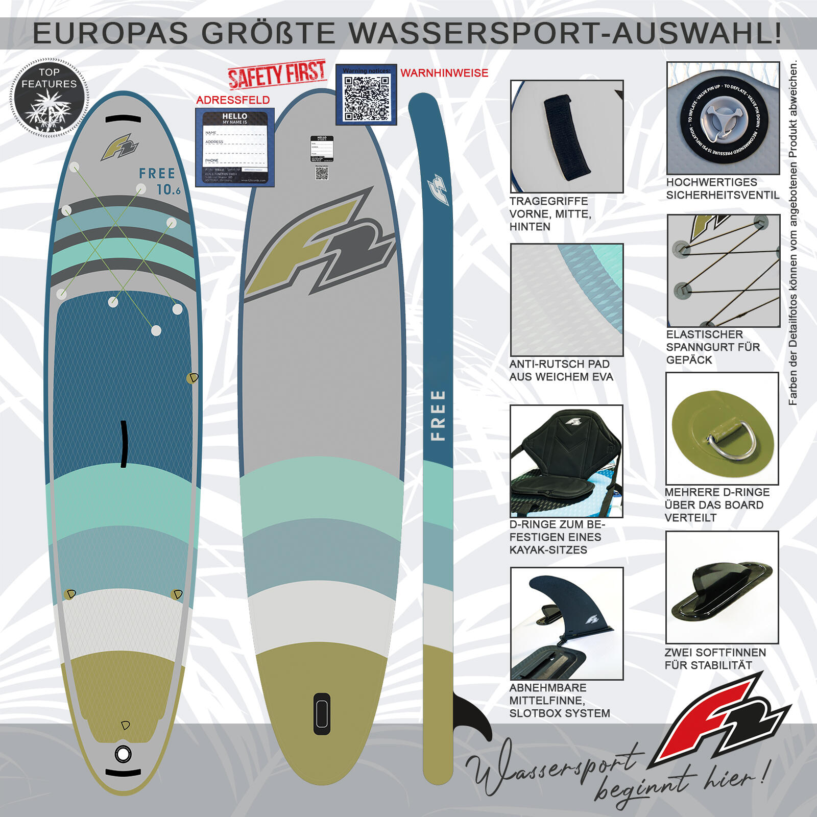 F2  SUP Stand Up Paddle Board Free V2 354cm 11,6 Grau/Blau/Grün 2/5
