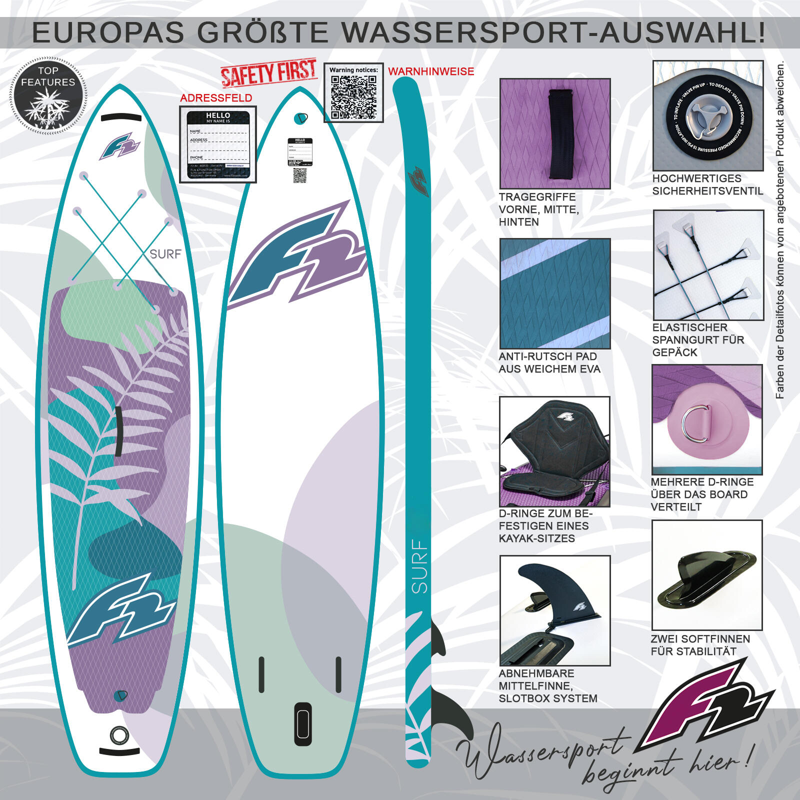 F2  SUP Stand Up Paddle Board Surf Woman V2 Damen 323cm 10,6 Weiss/Türkis 2/5