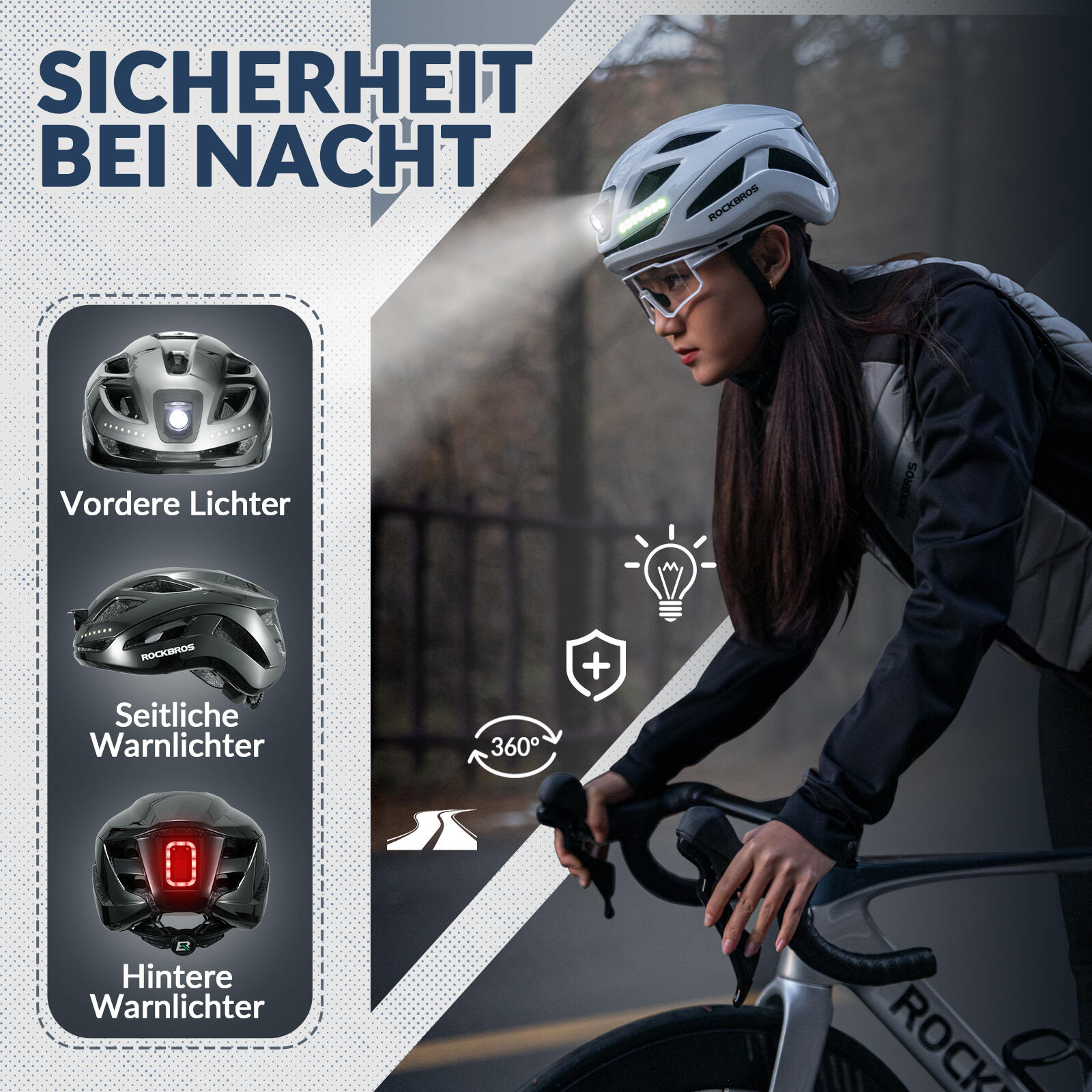 ROCKBROS Fahrradhelm mit Licht USB aufladbar 3/6