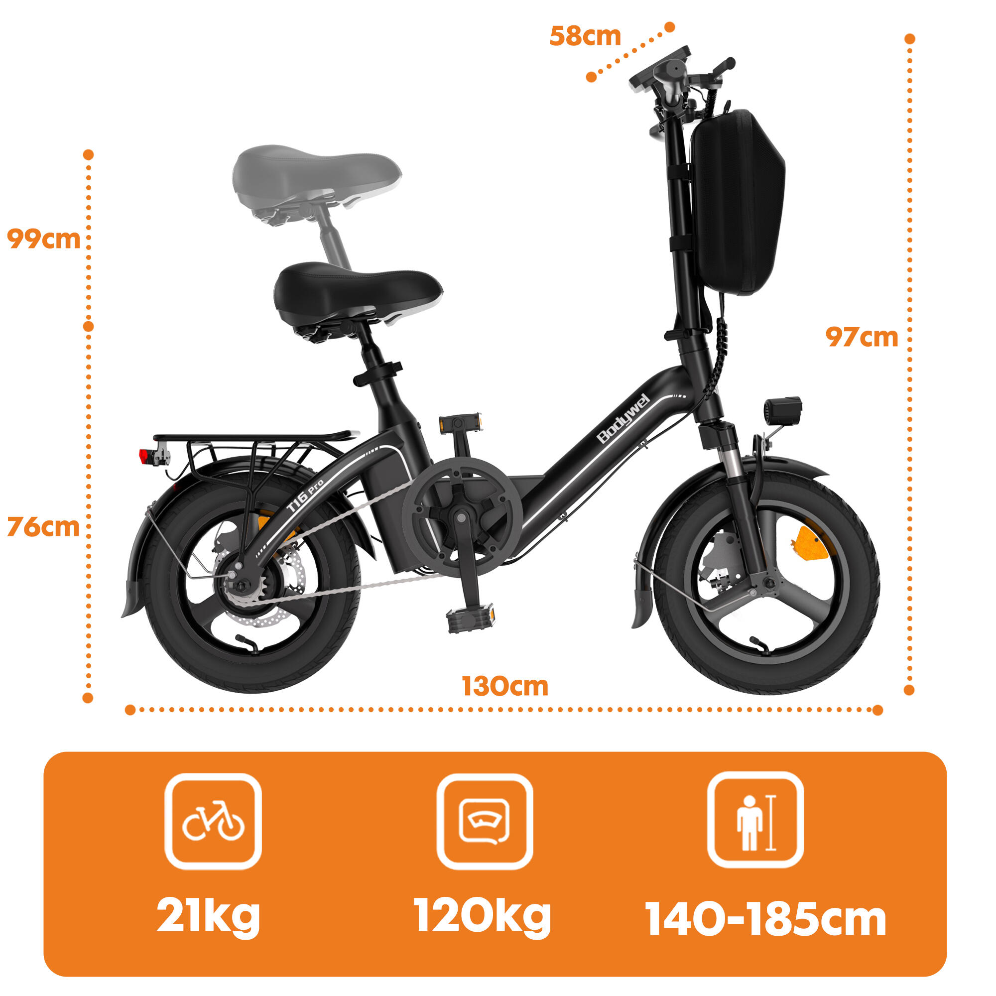 E‑bicicleta dobrável Bodywel T16PRO, bateria 36V 10,4Ah, pneus 14 polegadas 8/8