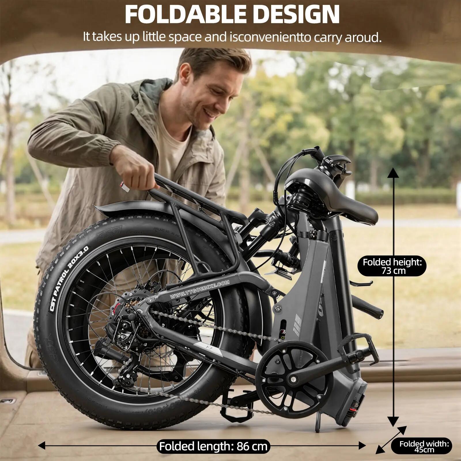 E-bike urbana adulto TTGO F7 motor 250W 70N·m pneus largos CST 20×3.0 6/7