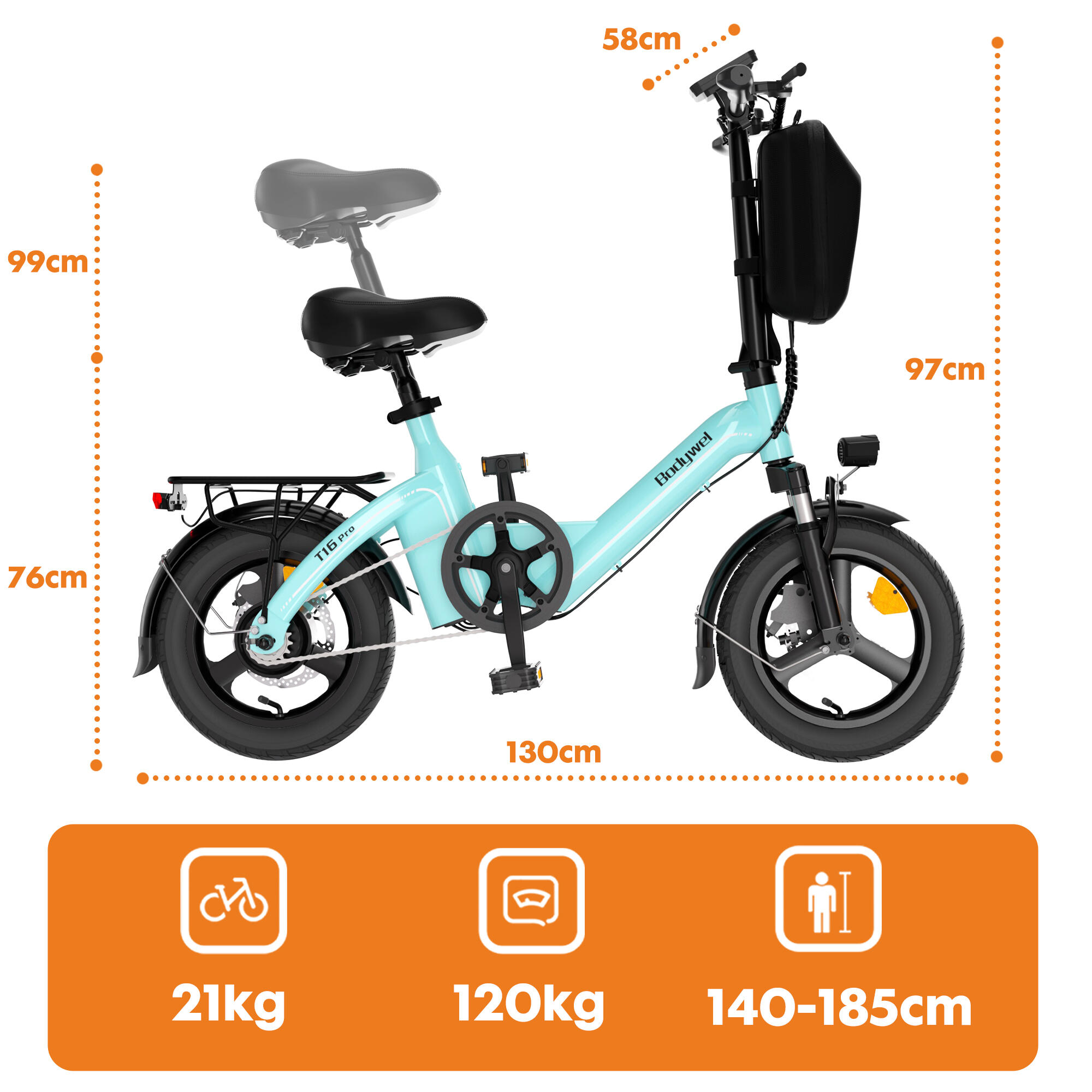 E‑bicicleta dobrável Bodywel T16PRO, bateria 36V 10,4Ah, pneus 14 polegadas 8/8