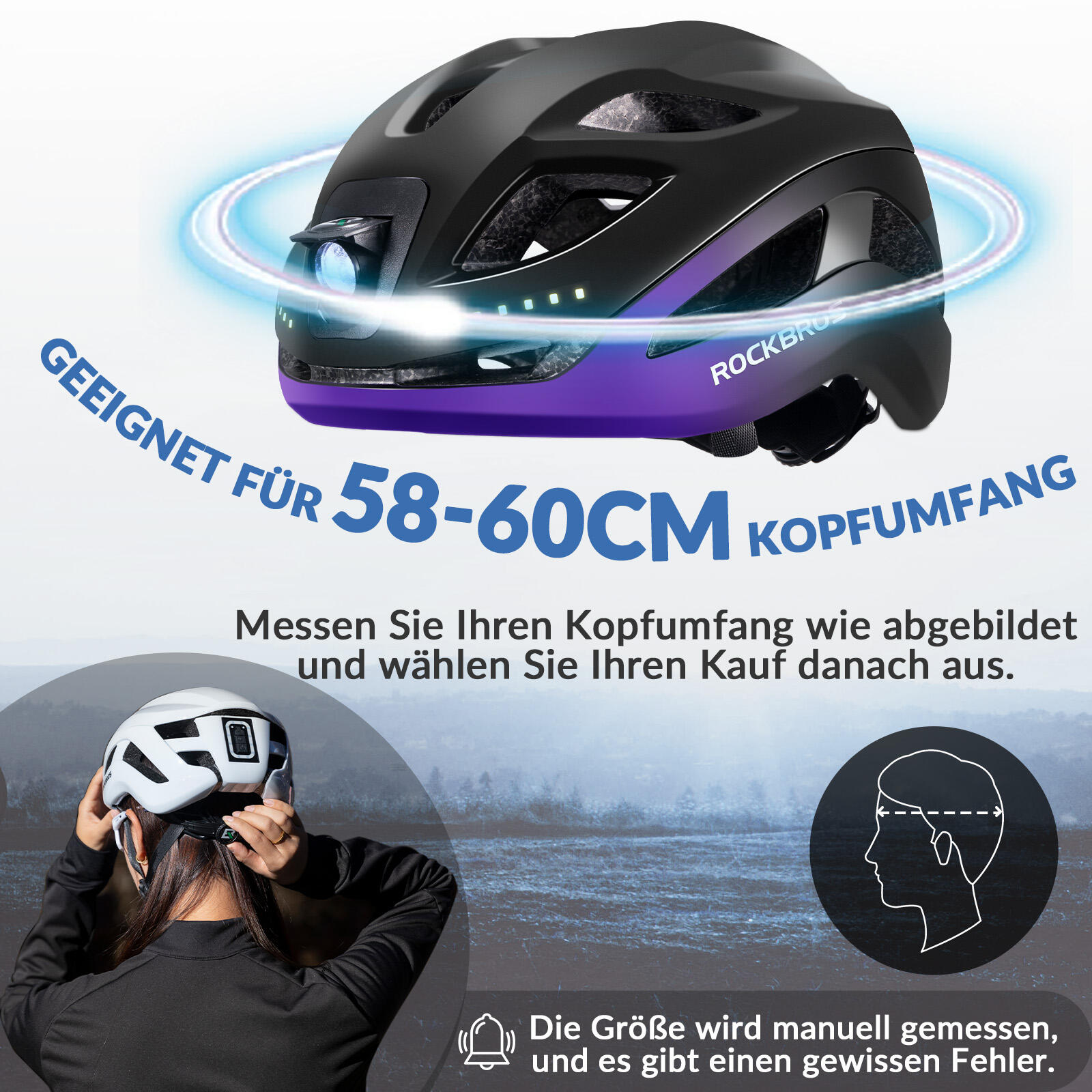 ROCKBROS Fahrradhelm mit Licht USB aufladbar 2/6