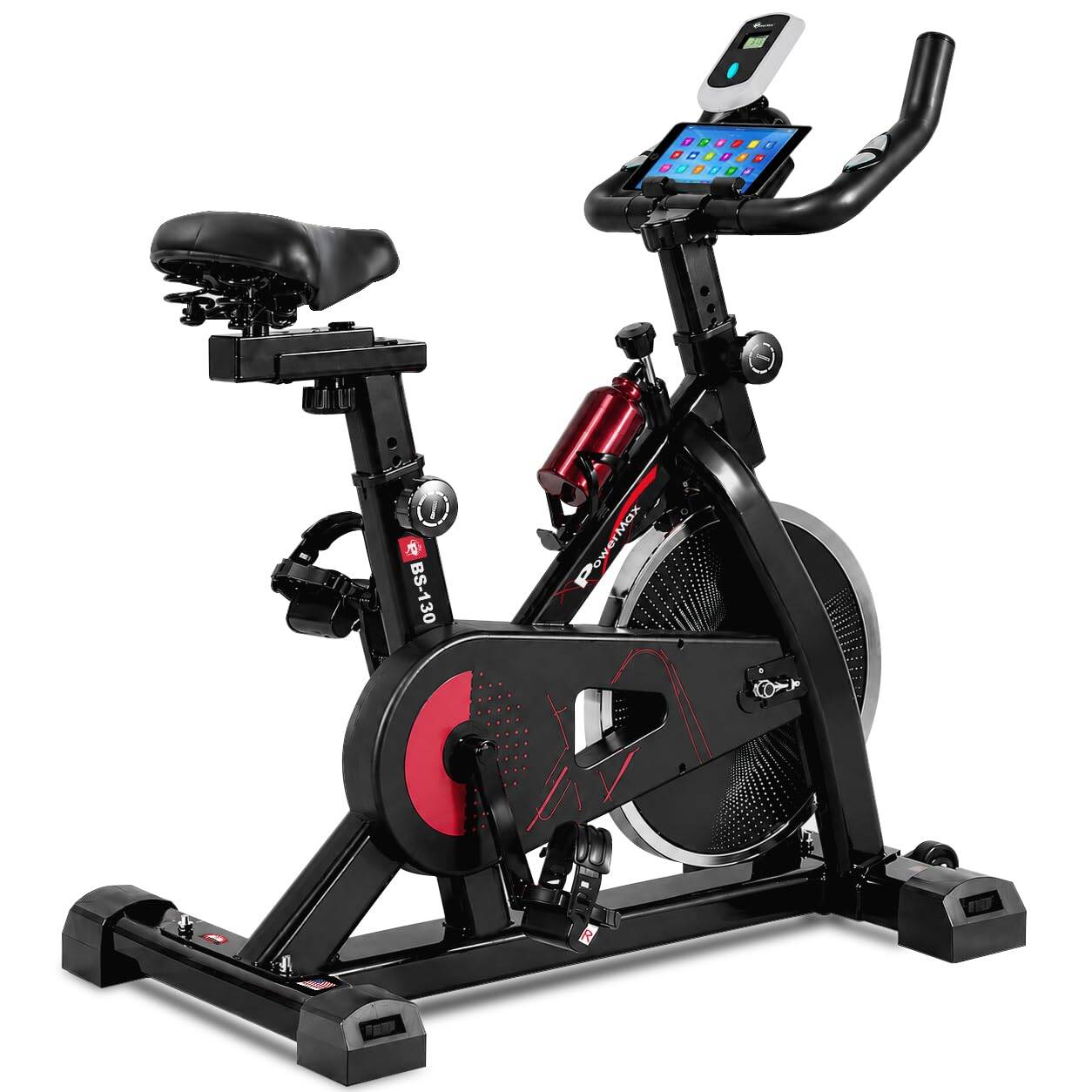 PowerMax Fitness BS-130 Spin Exercise Bike [8Kg Flywheel, Max User Weight 130kg, LCD Display, 3pc Crank, Bottle Holder, Anti-slip Pedals and Comfortable Seat] 1 Year Manufacturer Warranty, Black -  1