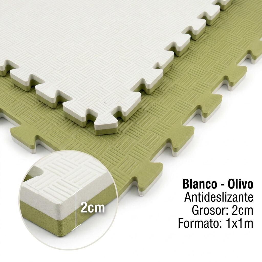 Tatami Puzzle EVA 100x100 cm x 20 mm Blanco-Olivo Pack 20 Alta Densidad 1/7