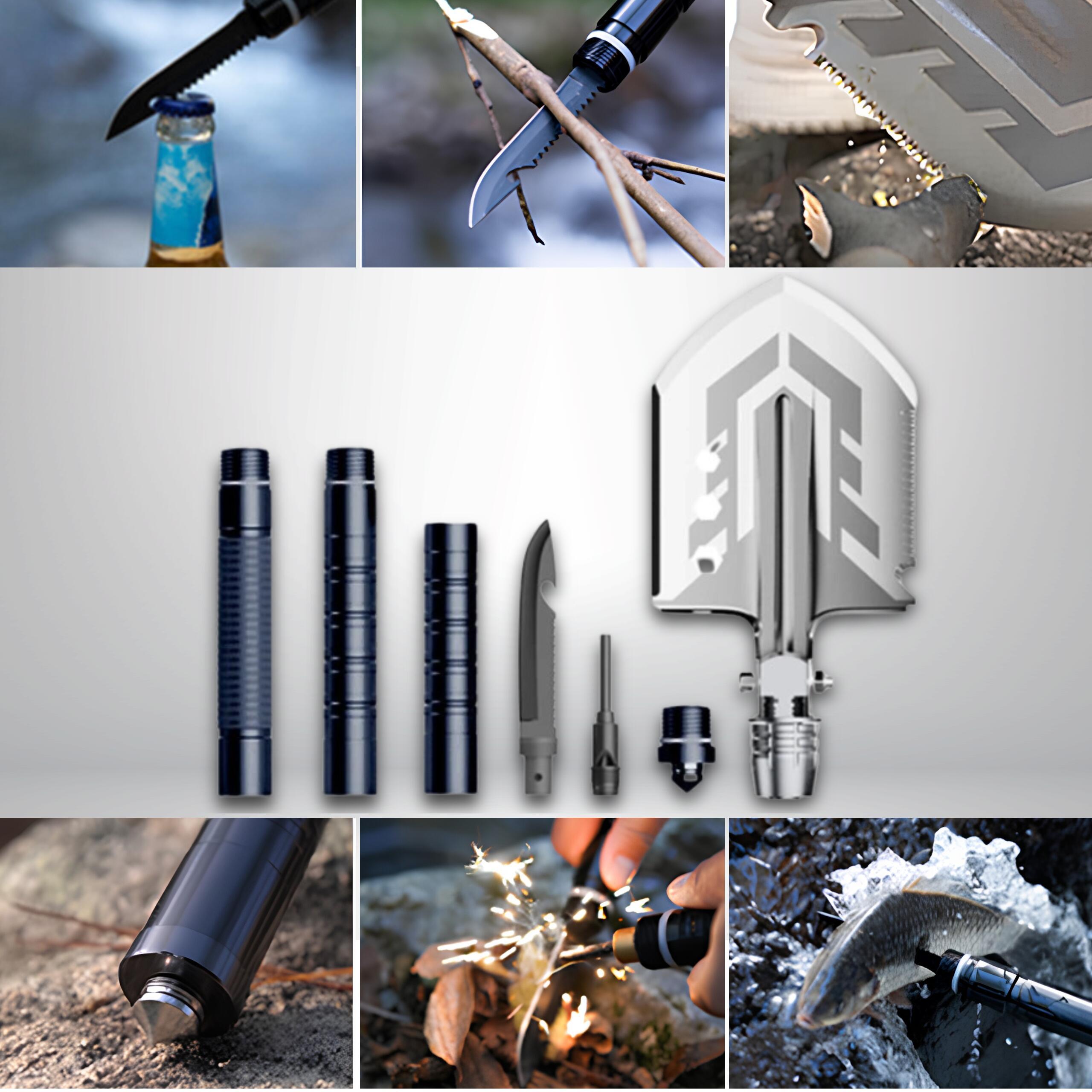 Saperka składana survival bushcraft nóż zbijak krzesiwo gwizdek harpun 21w1