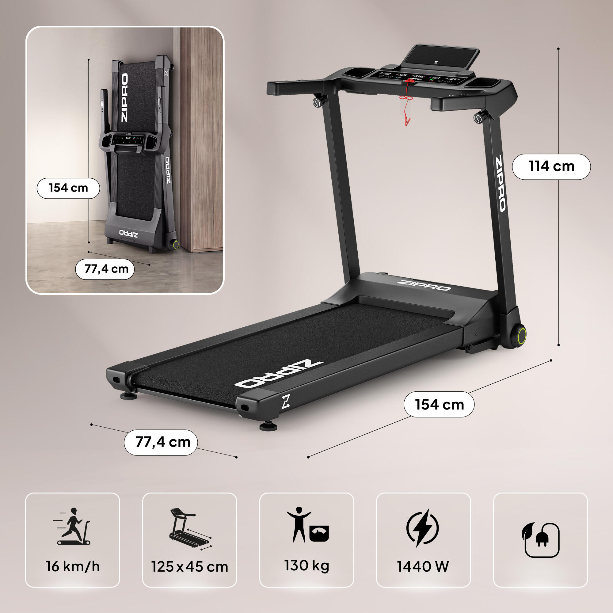 Tapis de course pliant Zipro Ramble 125 x 45 cm compact 16 km/h inclinaison 9/10