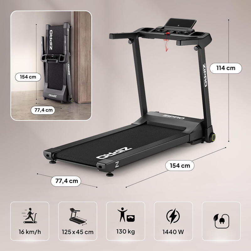 Bandă de alergat pliabil Zipro Ramble 125 x 45 cm 16 km/h compact înclinare