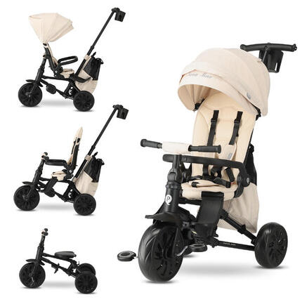 Tricycle Qplay Nova Max avec Barre de Poussée - Tricycle Pliable 5-en-1 - Beige