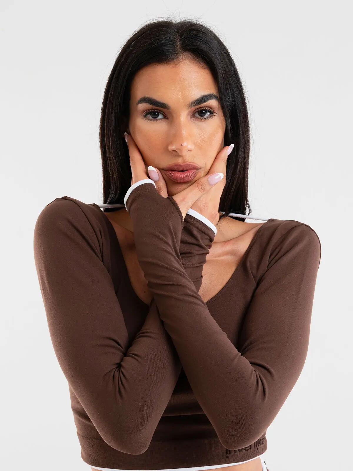 Crop top Donna fitness Eclettika maniche lunghe seamless Choco 5/5