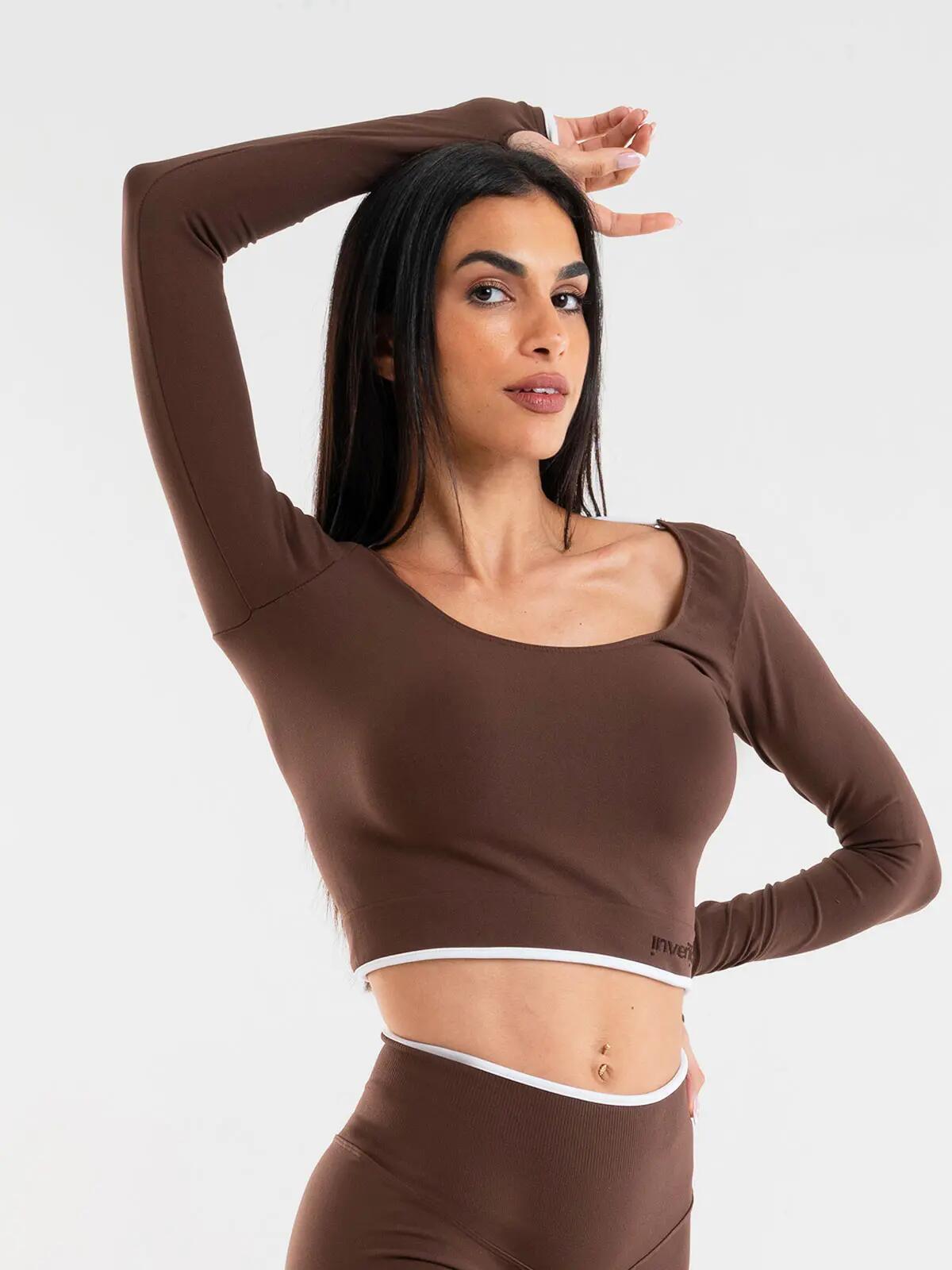 Crop top Donna fitness Eclettika maniche lunghe seamless Choco 3/5