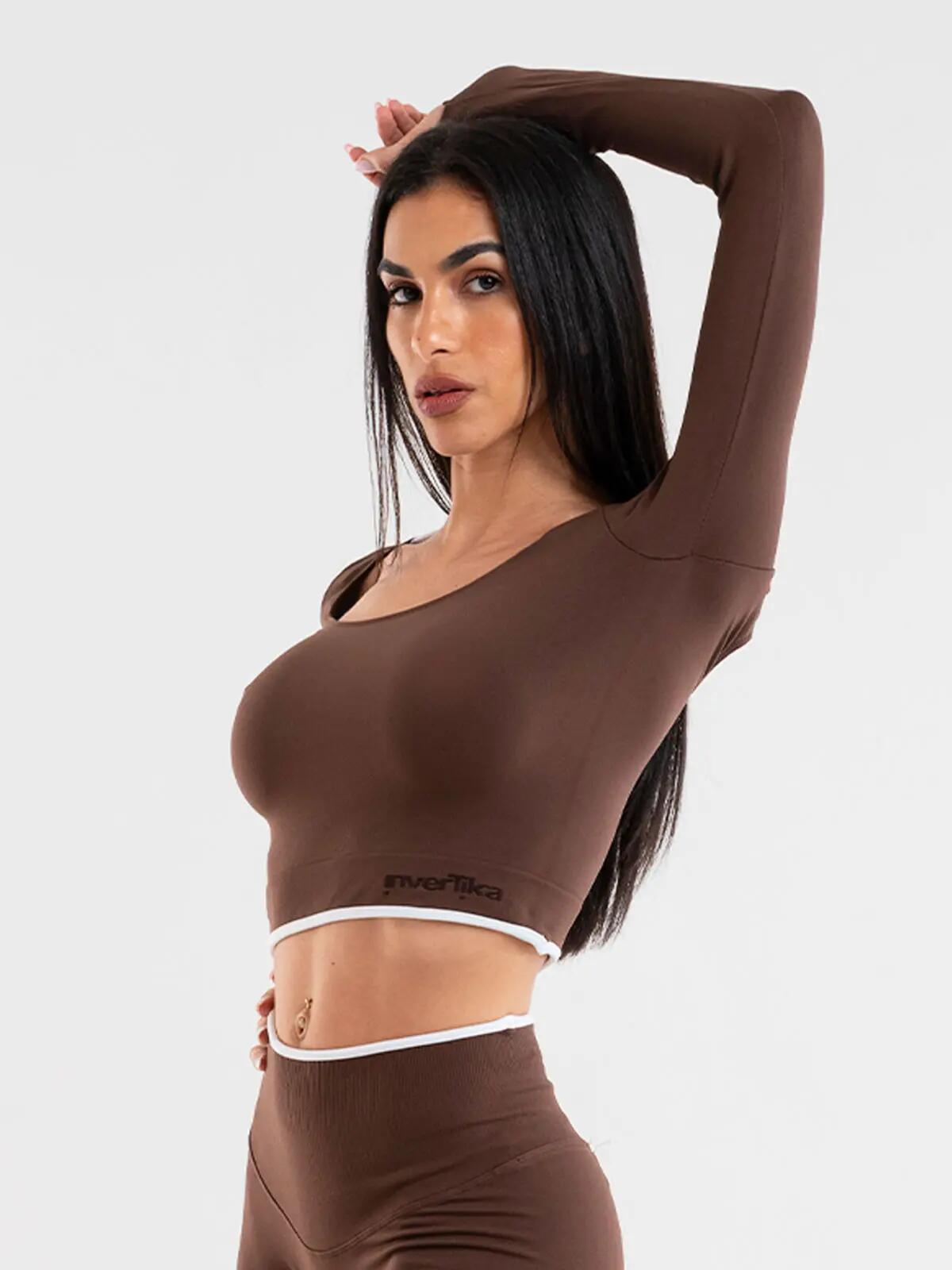 Crop top Donna fitness Eclettika maniche lunghe seamless Choco 2/5