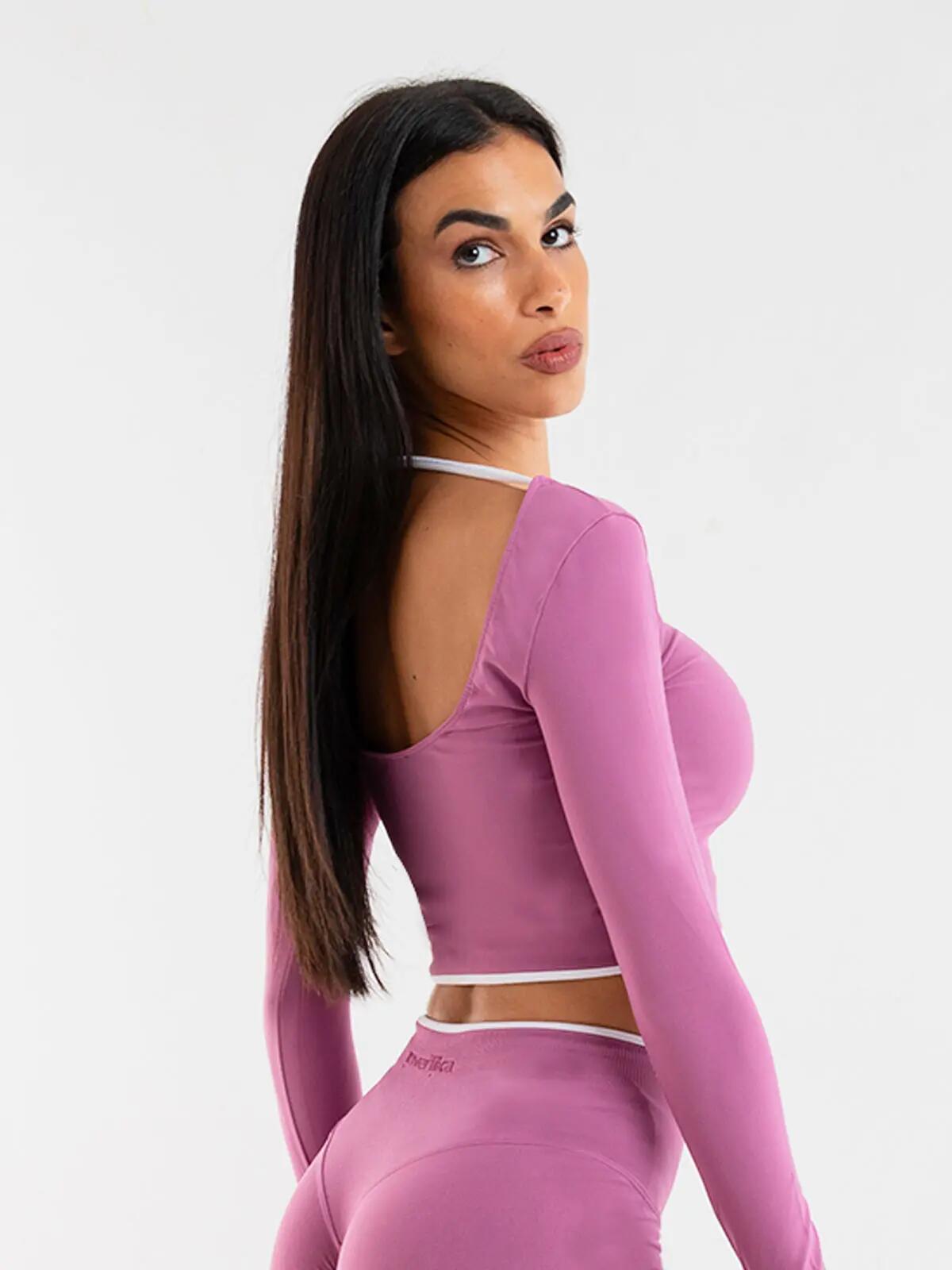 Crop top Donna fitness Eclettika maniche lunghe seamless Malva 2/5