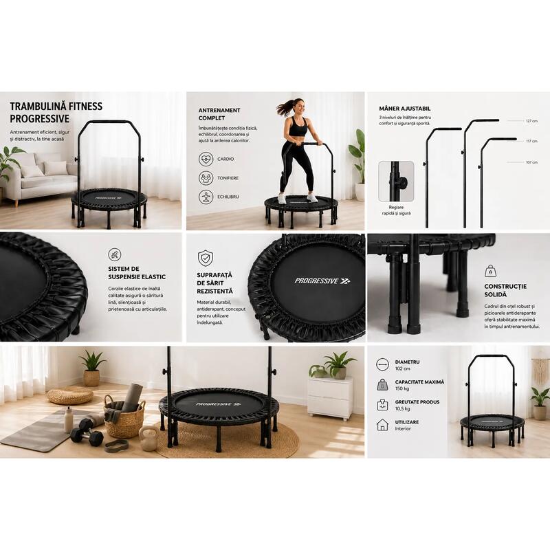 Trambulina Fitness Progressive pliabila cu maner ajustabil