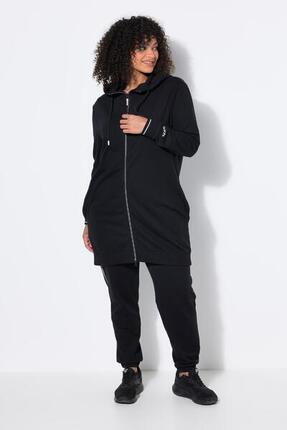 Damen Sweatjacke Zierpaspel Oversized Kapuze 2-Wege-Zipper