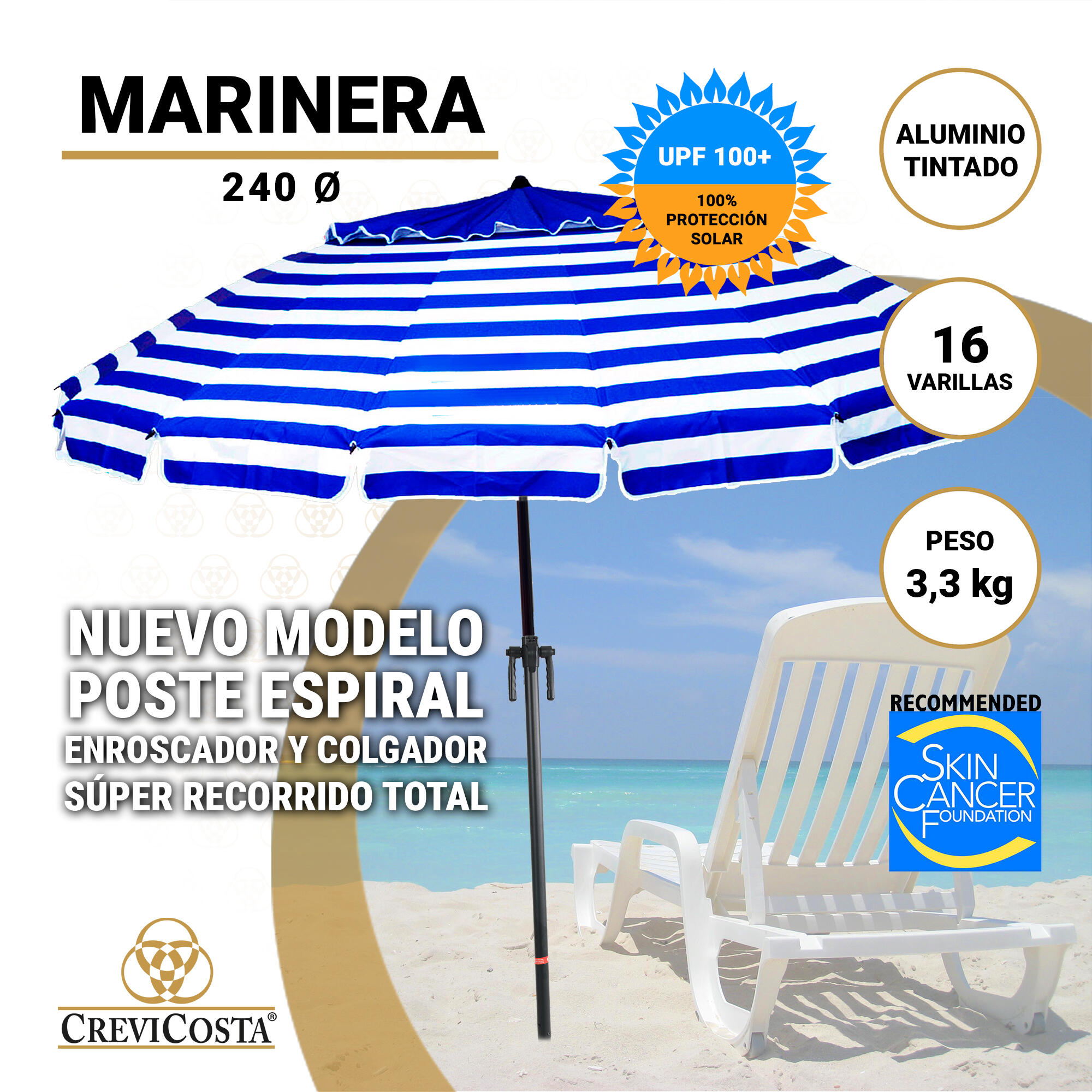 Sombrilla 240 cm NUEVO poste enroscador y colgador - CREVICOSTA Marinera 2/4