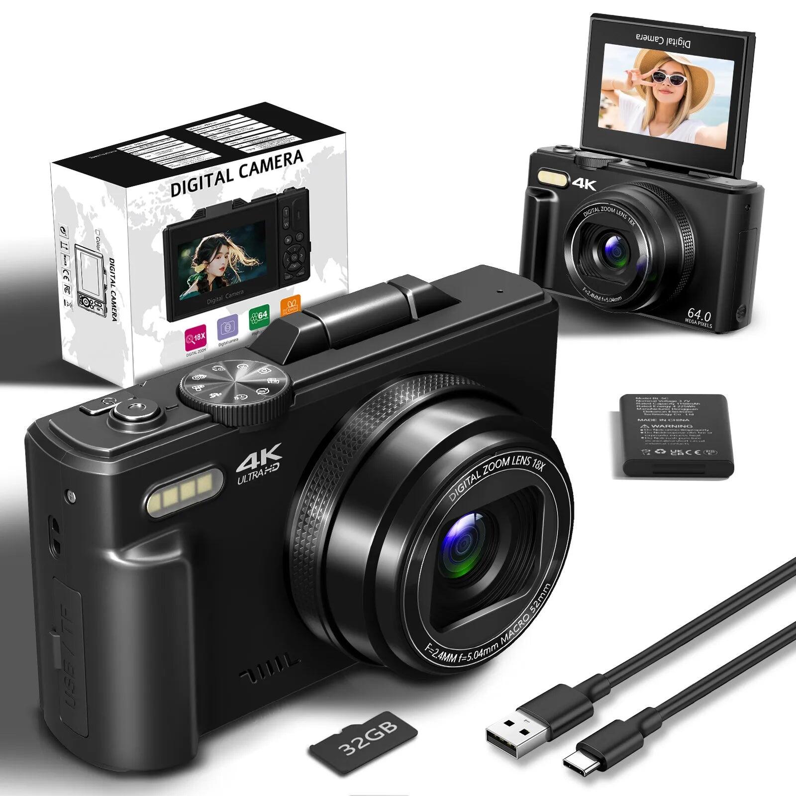 4K Digital Camera with WiFi 64MP Compact with Flip Screen