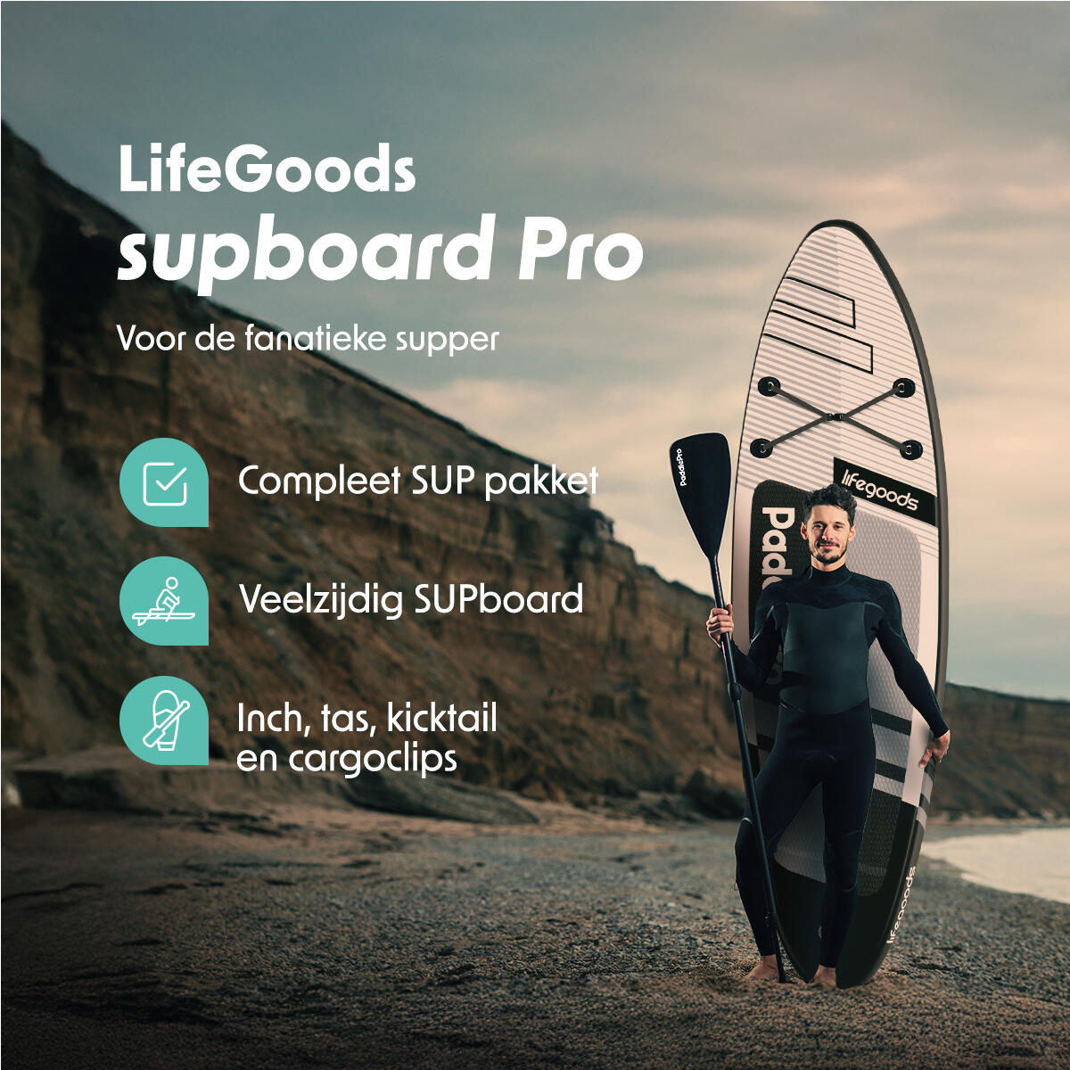 PaddlePro SUP Board Pro - opblaasbaar - 320cm - max 150kg - Wit/Zwart 2/10