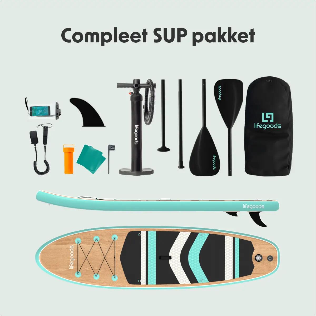 PaddlePro SUP Board - opblaasbaar - 320cm - max 150kg - Hout/Mintgroen 9/10