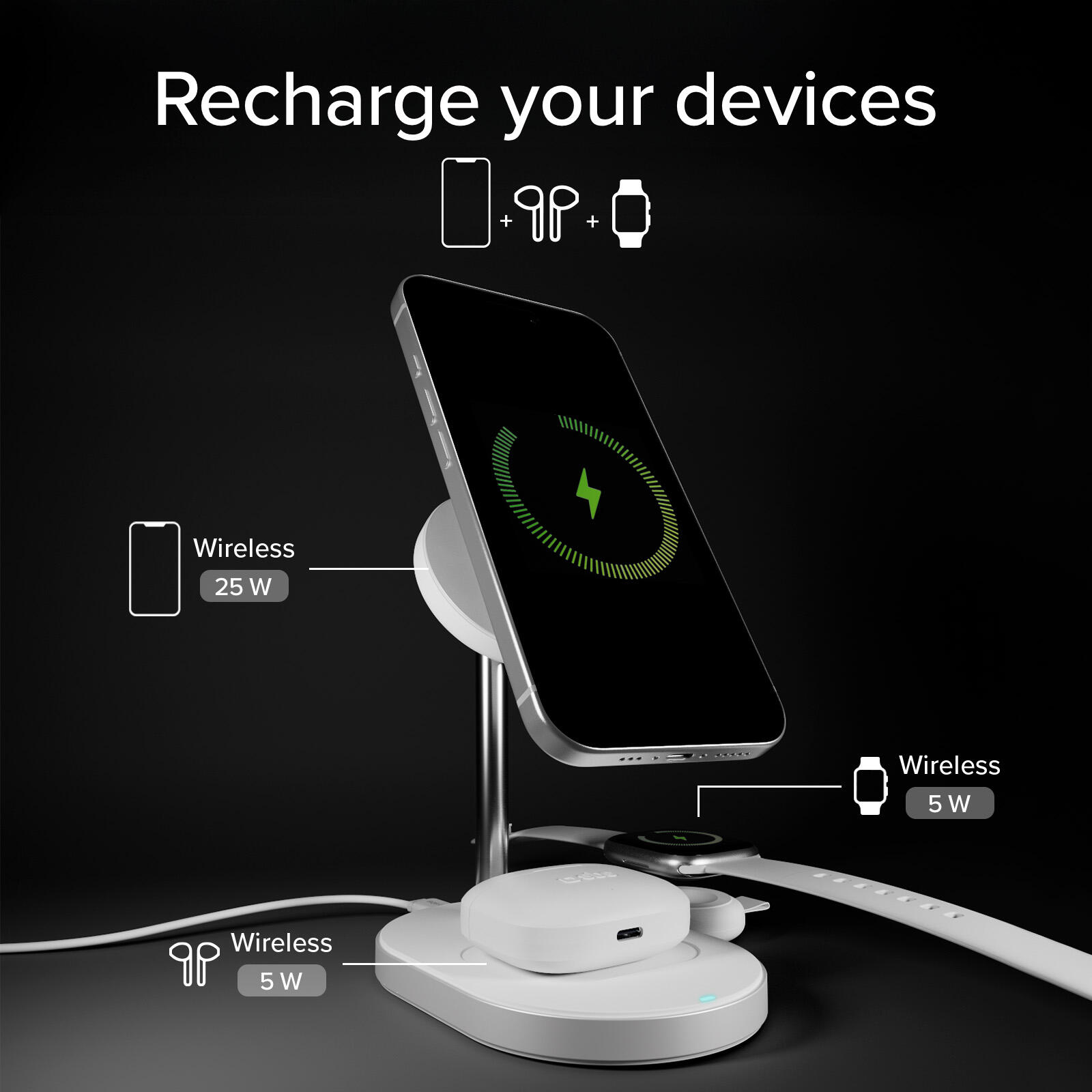 Stazione wireless Qi2.2 per smartphone, auricolari e smartwatch 4/7