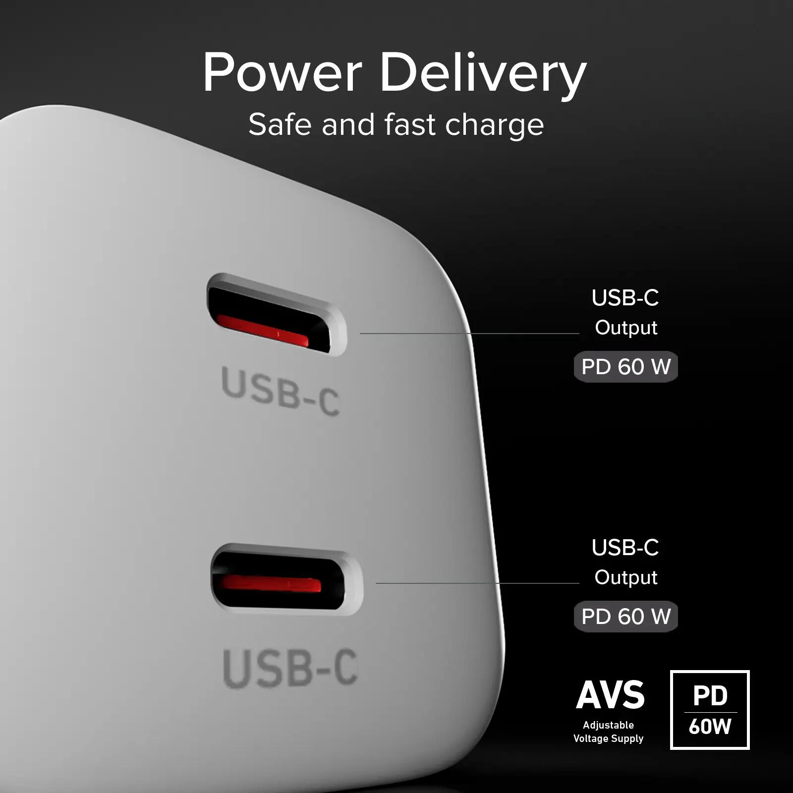 60W PD en AVS-wandladerkit met 2 poorten en 1,5 m gevlochten USB-C-kabel 5/7
