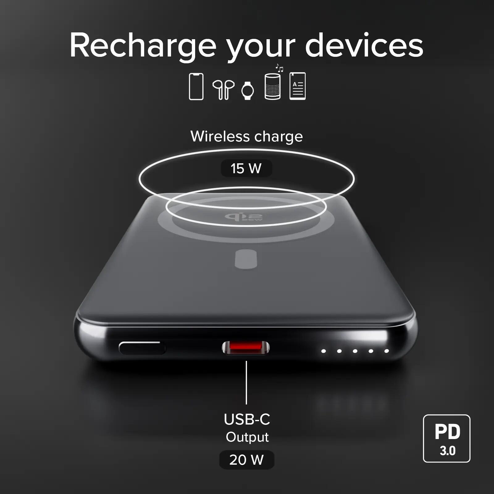 Power bank magnétique sans fil 5000 mAh avec PD 20W, aluminium 5/7