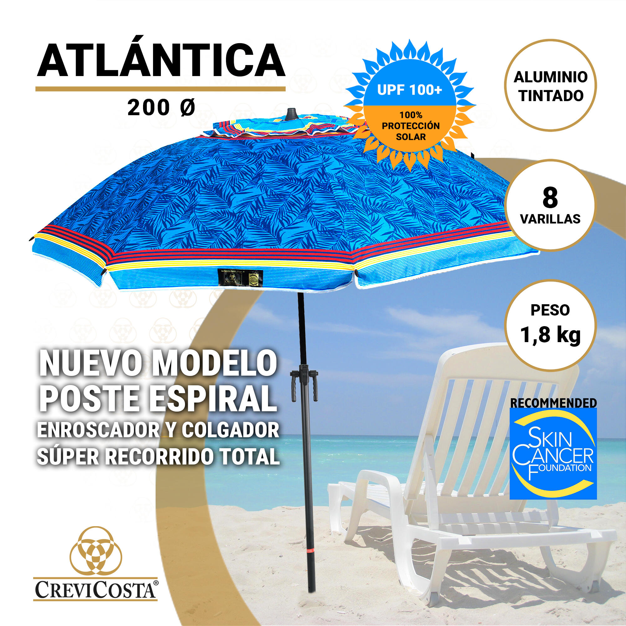 Sombrilla 200 cm NUEVO poste enroscador y colgador - CREVICOSTA Atlántica 2/4