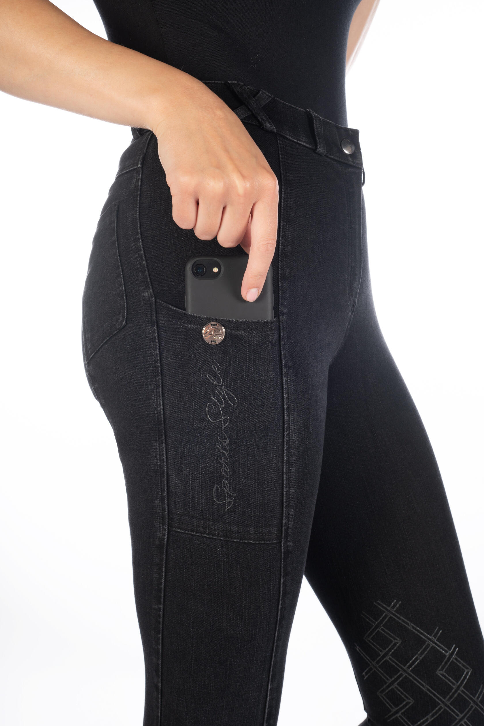 Pantalon d'équitation Harbour Island Denim renfort siliconé au genou 6/7