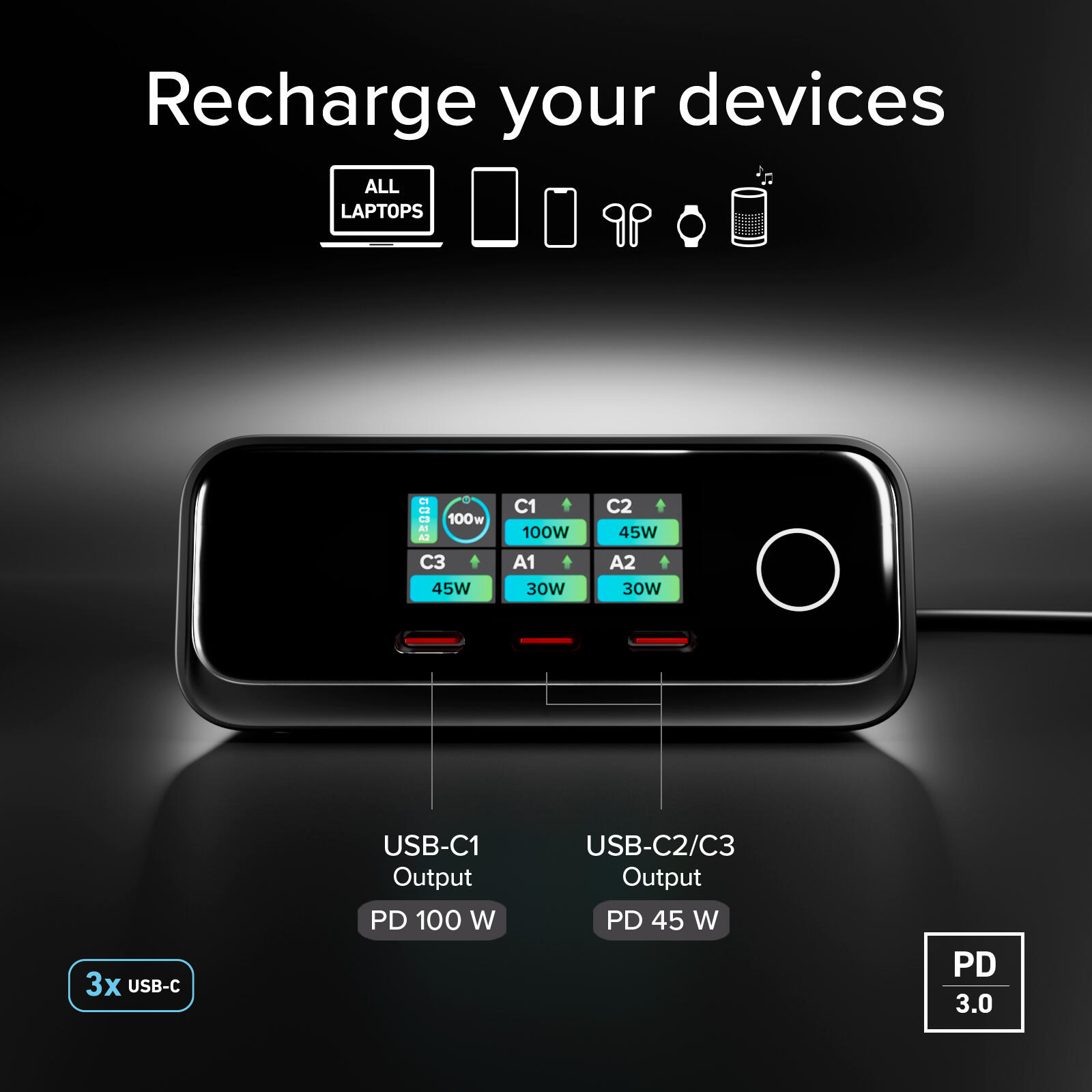 Stazione ricarica 100W PD con display TFT, 3 USB-C e 2 USB-A per laptop 5/7