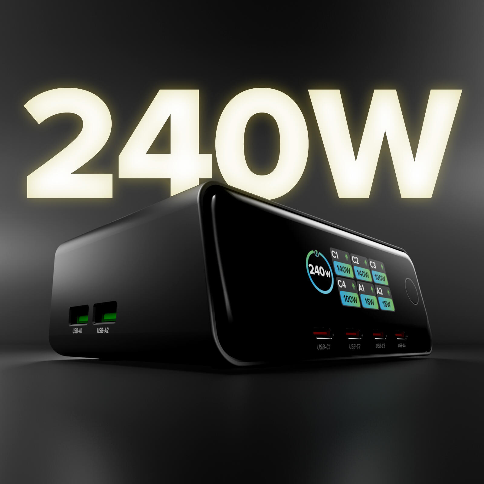Stazione ricarica da scrivania 240W con 6 porte e display TFT 2/7