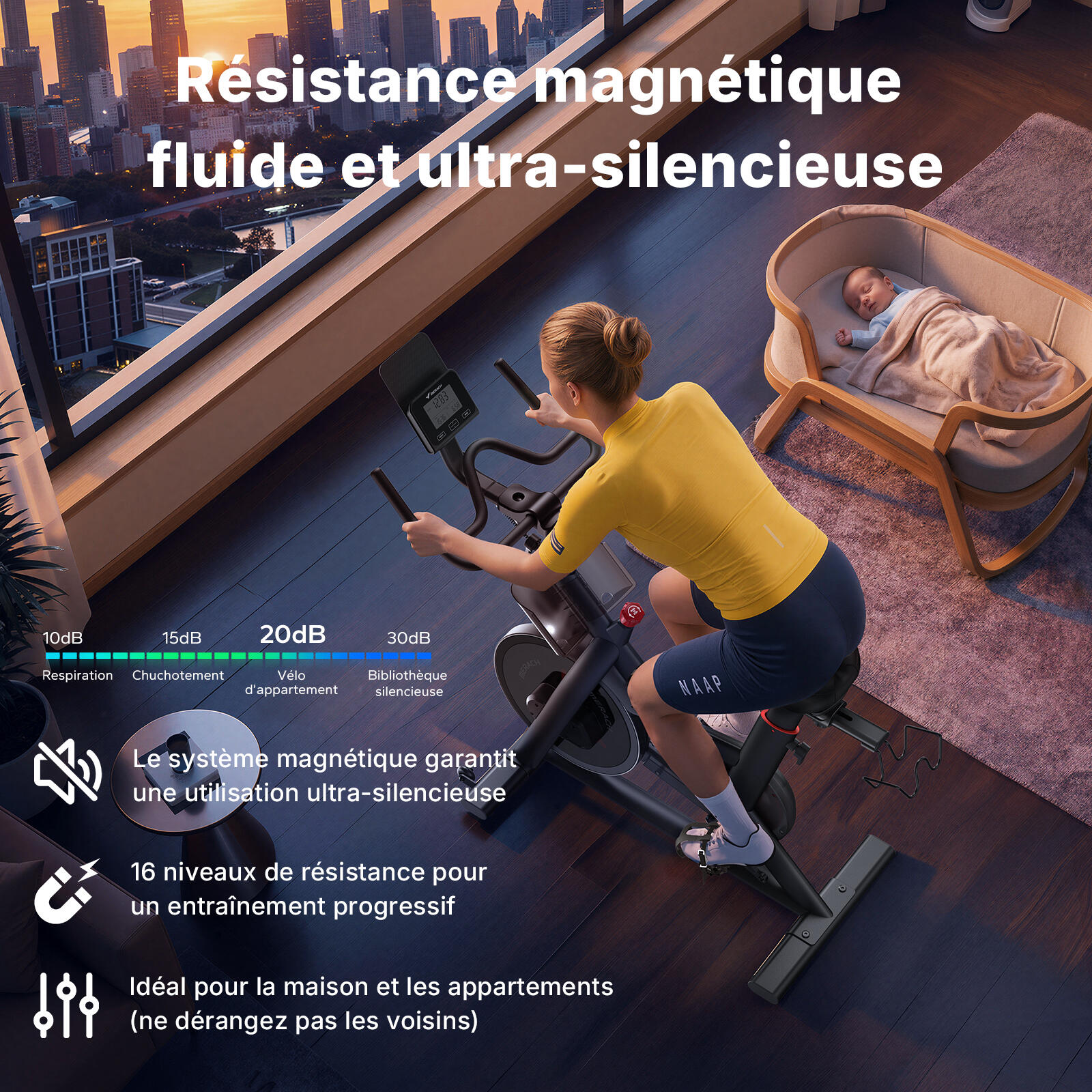 Vélo d'appartement magnétique - Merach - Volant d'inertie 10 kg - 16 niveaux 6/8