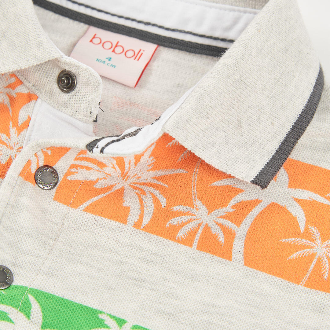 Polo de piqué de algodón para niño con estampado de palmeras crudo vigoré 3/4