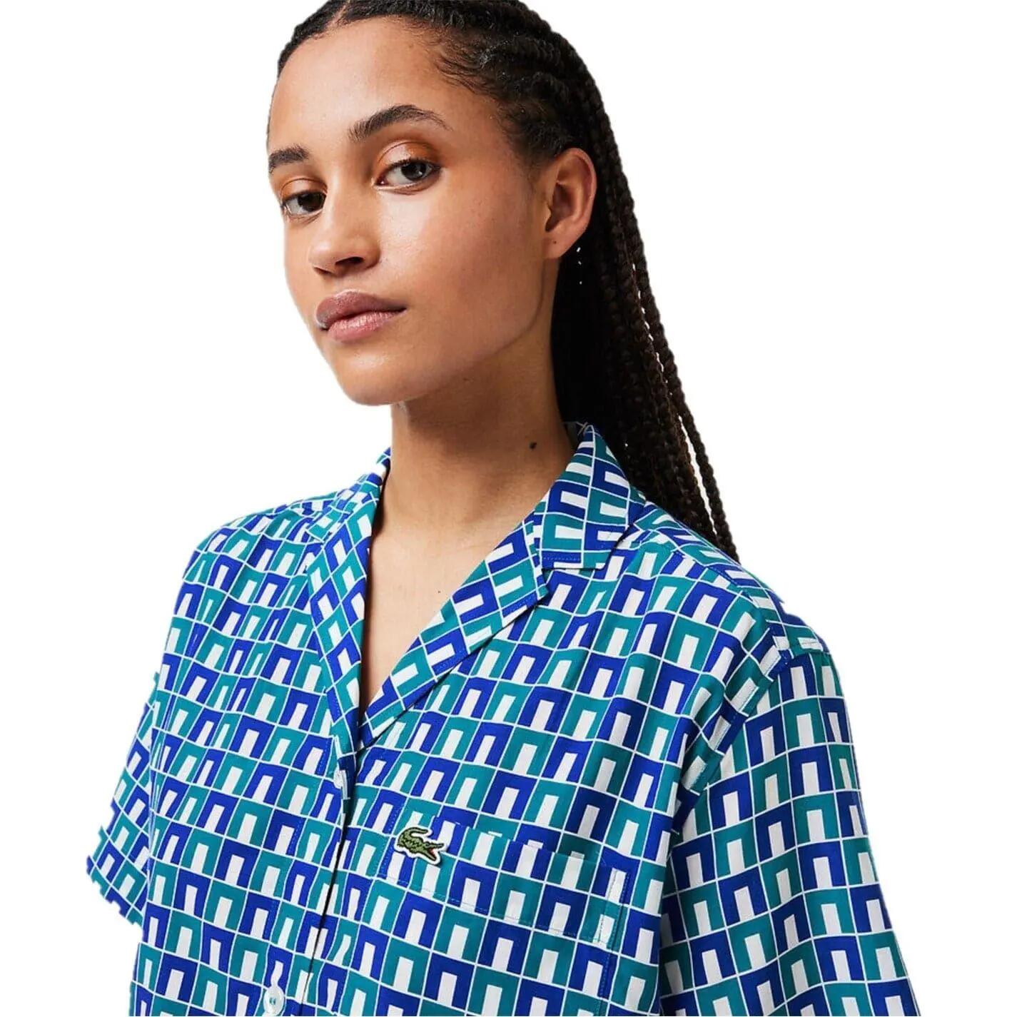 Camicia Geometrica Maniche Corte Donna Lacoste Bianco Blu 3/3