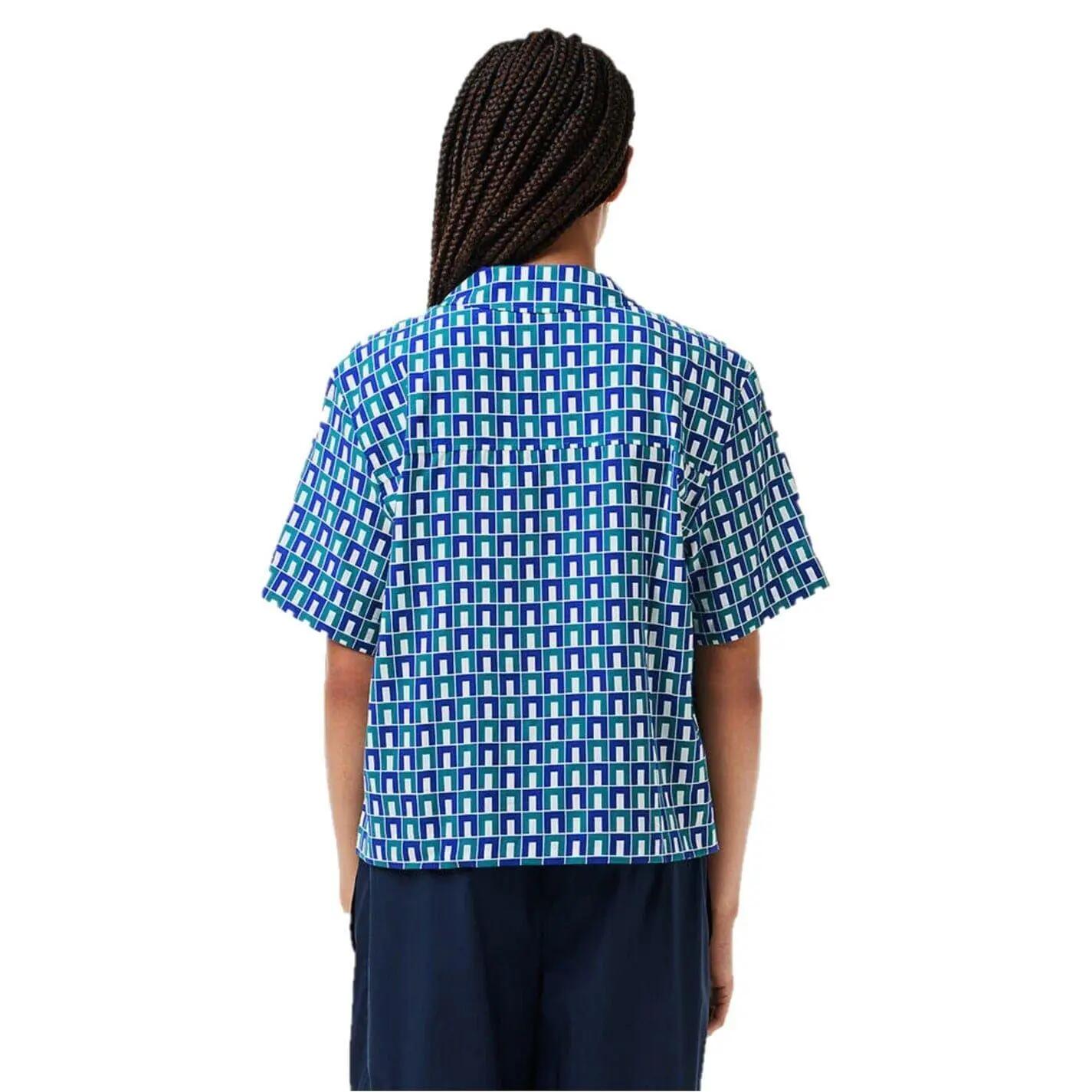 Camicia Geometrica Maniche Corte Donna Lacoste Bianco Blu 2/3