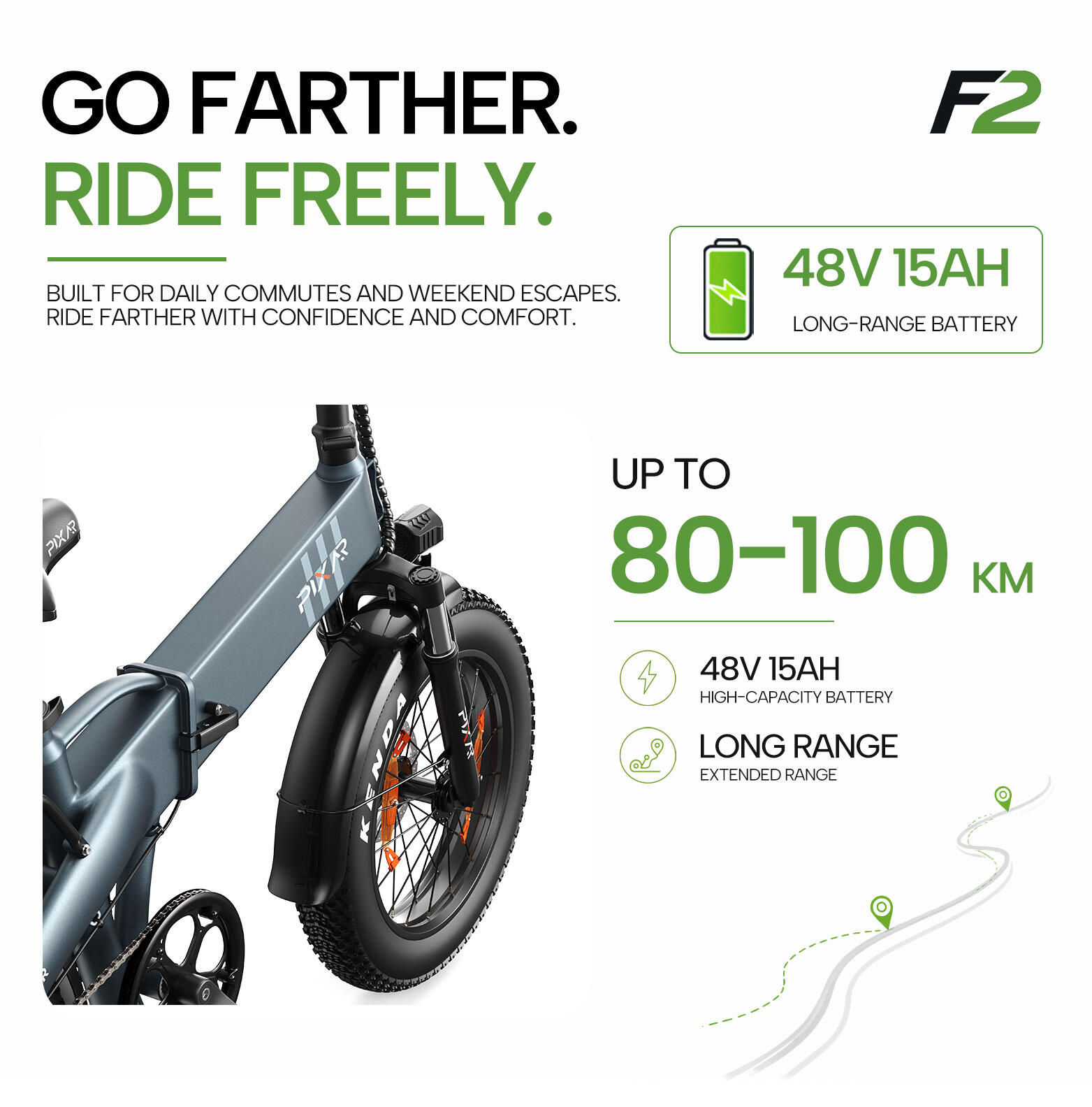 Bicicleta eléctrica todoterreno PIXAR F2 con batería de 48 V y 15 Ah, LCD 3/7