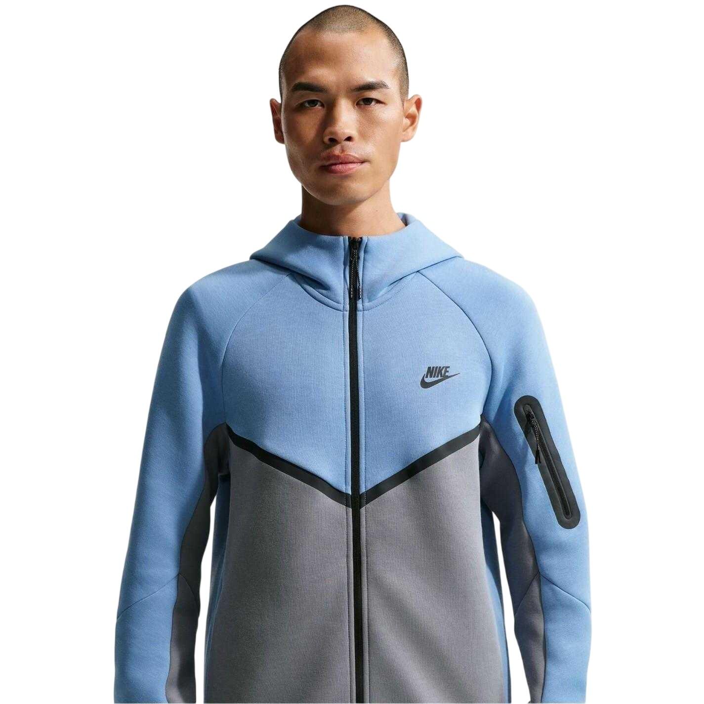 Felpa Con Cappuccio E Zip Intera Chevron Uomo Nike Tech Blu Grigio 3/4