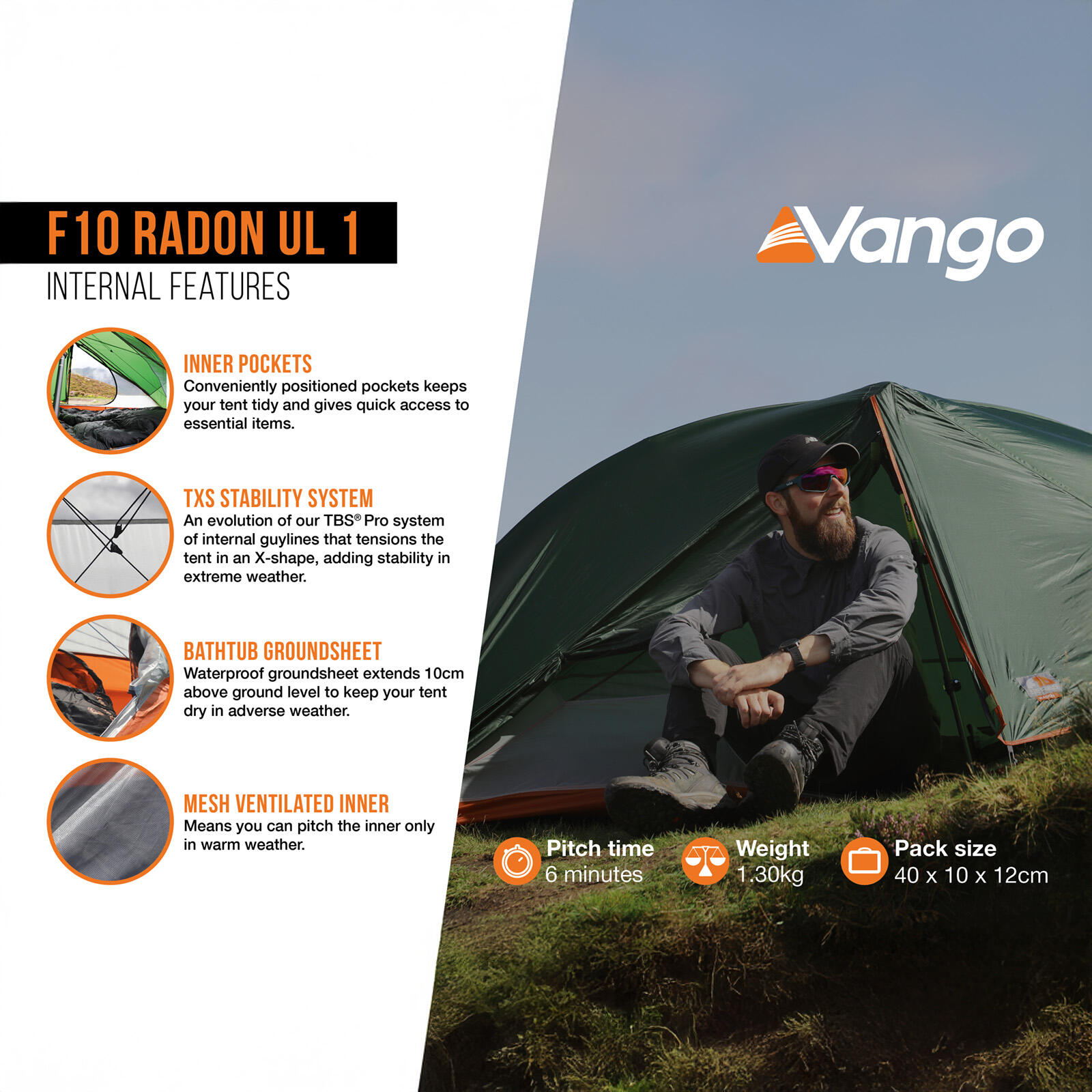 Radon UL Trekkingtent voor 1 persoon kamperen eenpersoonstent bivaktent, 1,2 kg 5/7