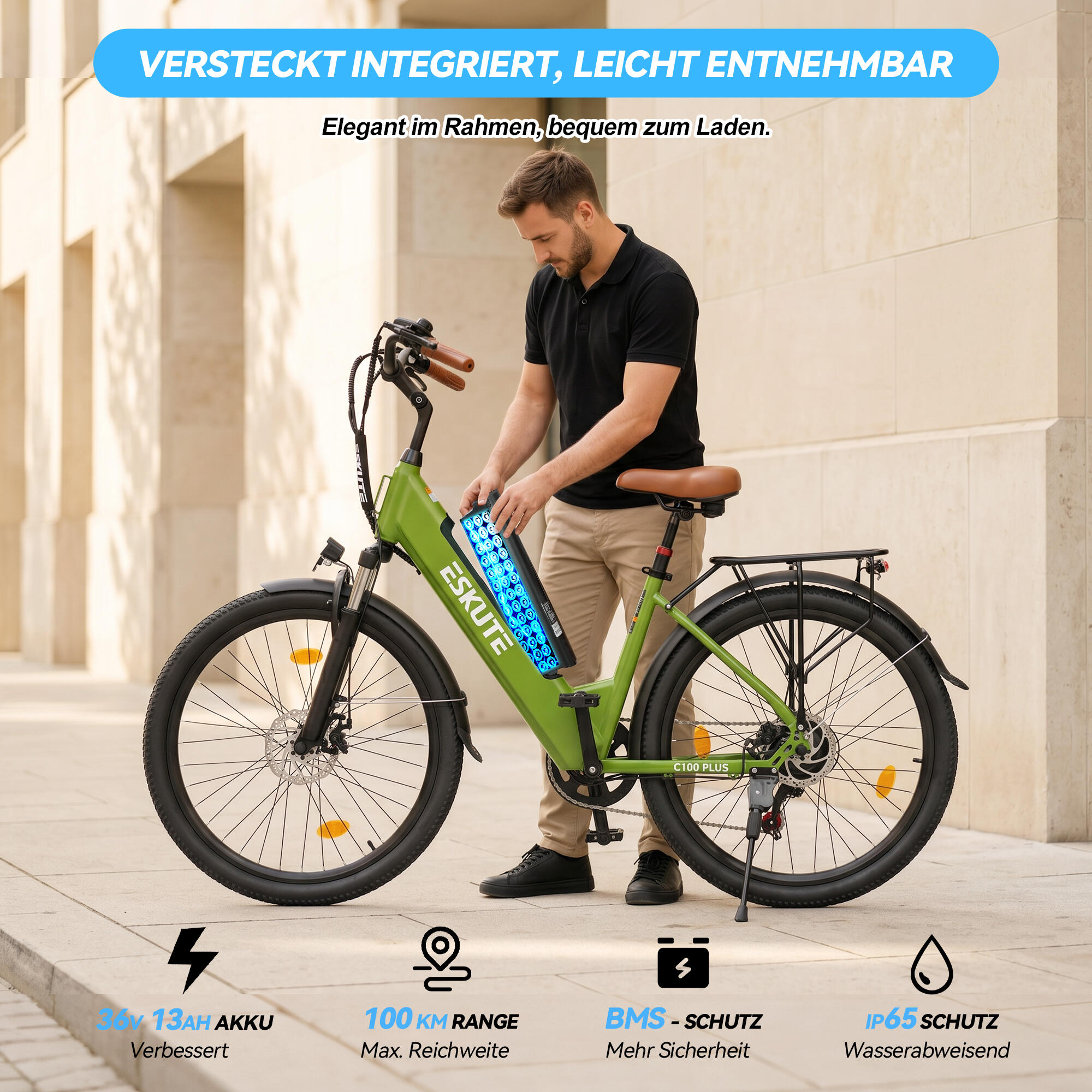 ESKUTE C100 Plus elektrische fiets 26 inch, 250W motor, 36V 13AH accu 7/9